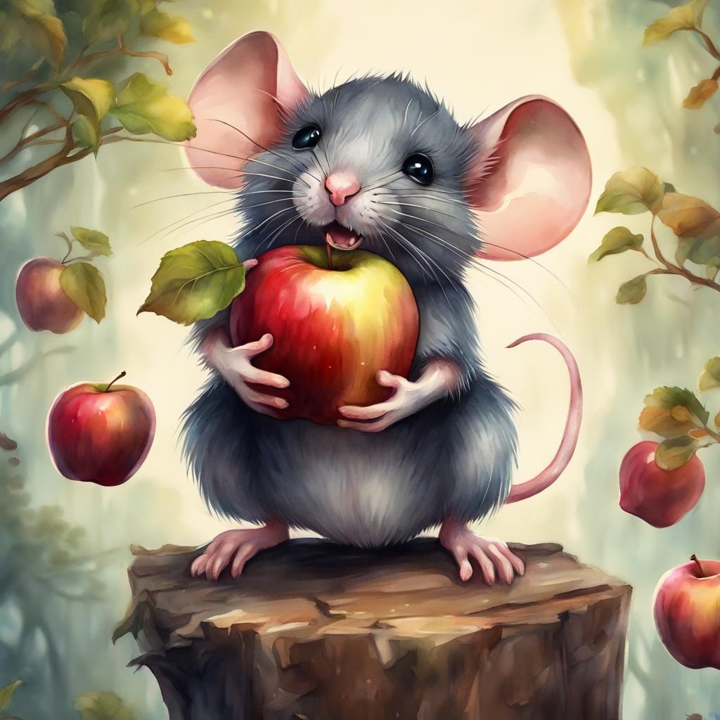 Cute Mouse Wins with Apple: Watercolor Art