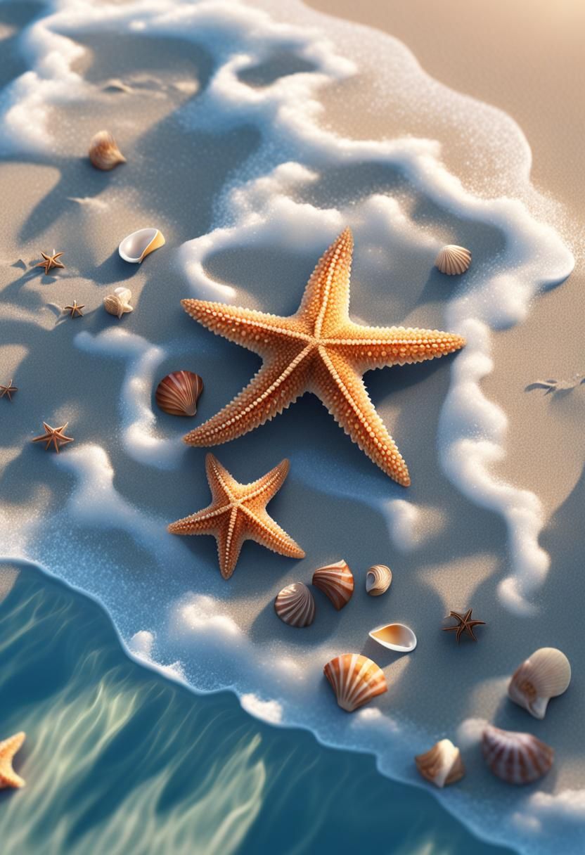 Aerial Beach View with Starfish in Anime Style