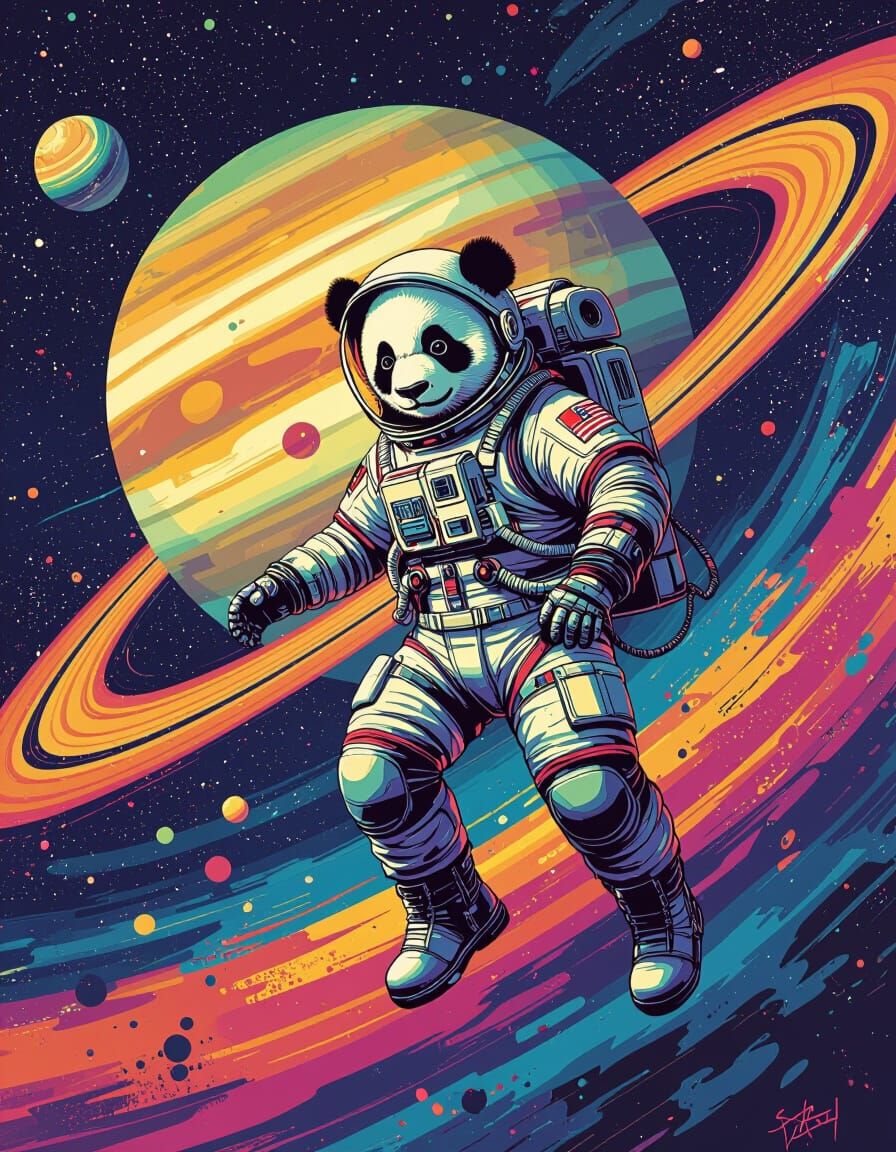 Panda Astronaut Exploring Saturn in Graffiti Art Style