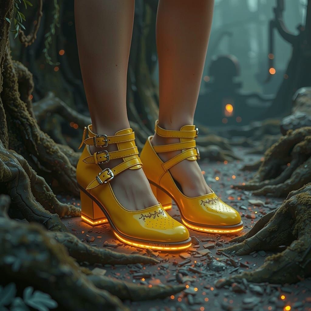 Woman's Feet in Vibrant Yellow Clogging Shoes, Set in a Fant...