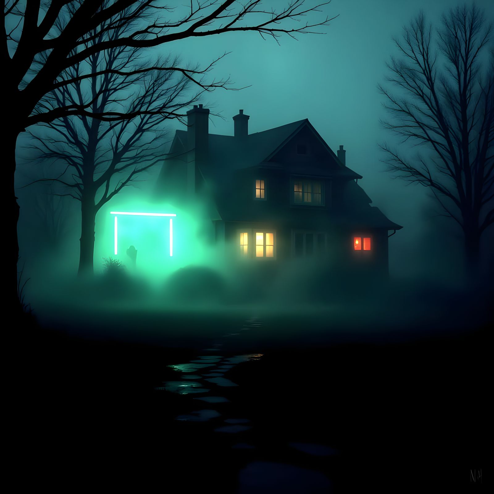 Eerie Foggy Night Home with Neon Lights