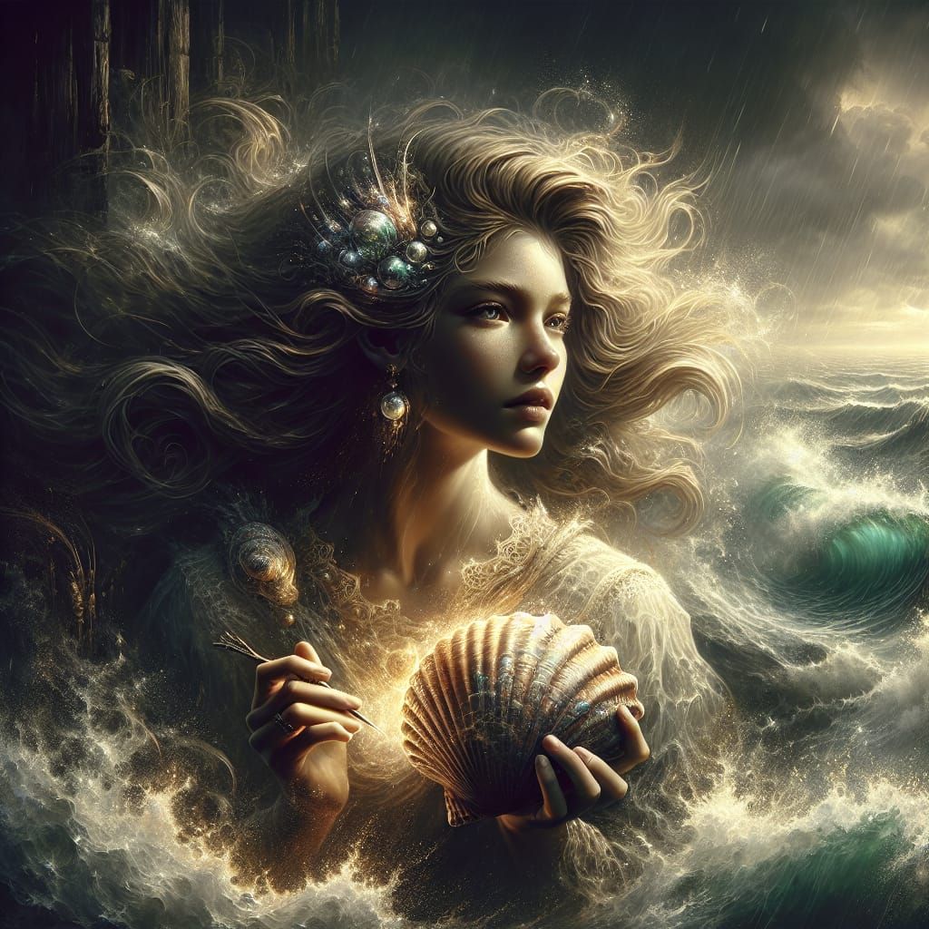 Mermaid in Stormy Sea Holding Pearl, Art Nouveau Style