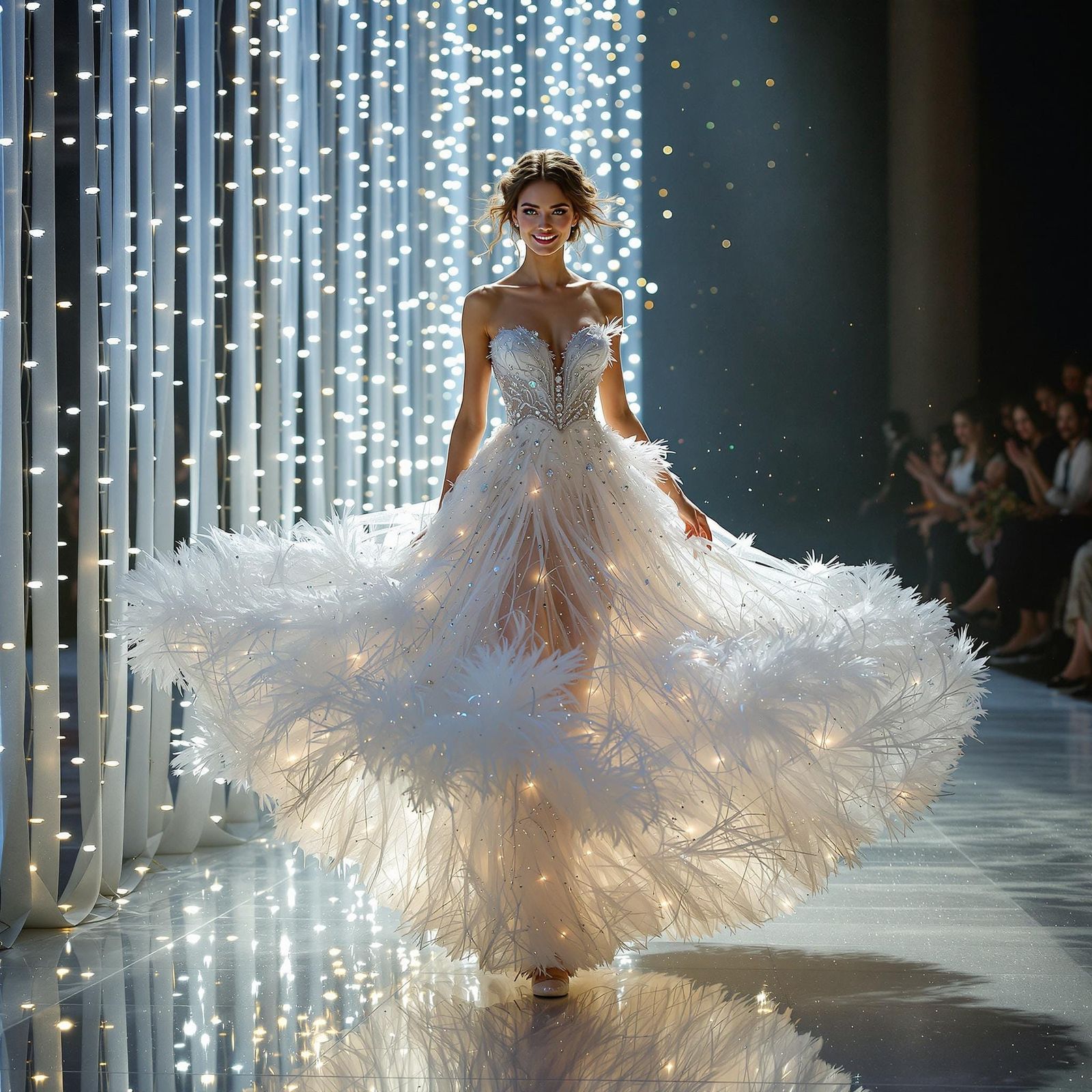 Photorealistic picture of a model doing a catwalk at a fashi...