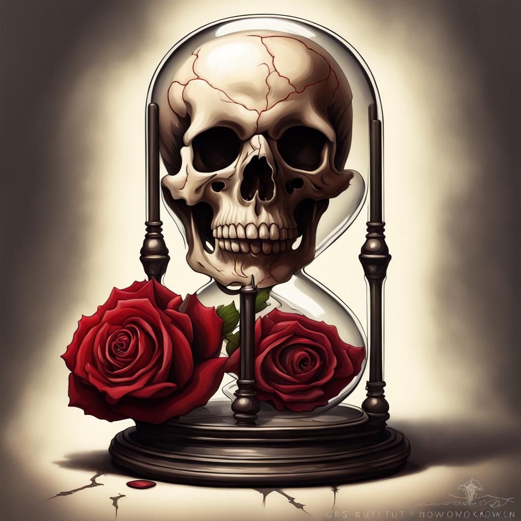 Sinister Memento Mori: Hourglass, Rose, and Skull
