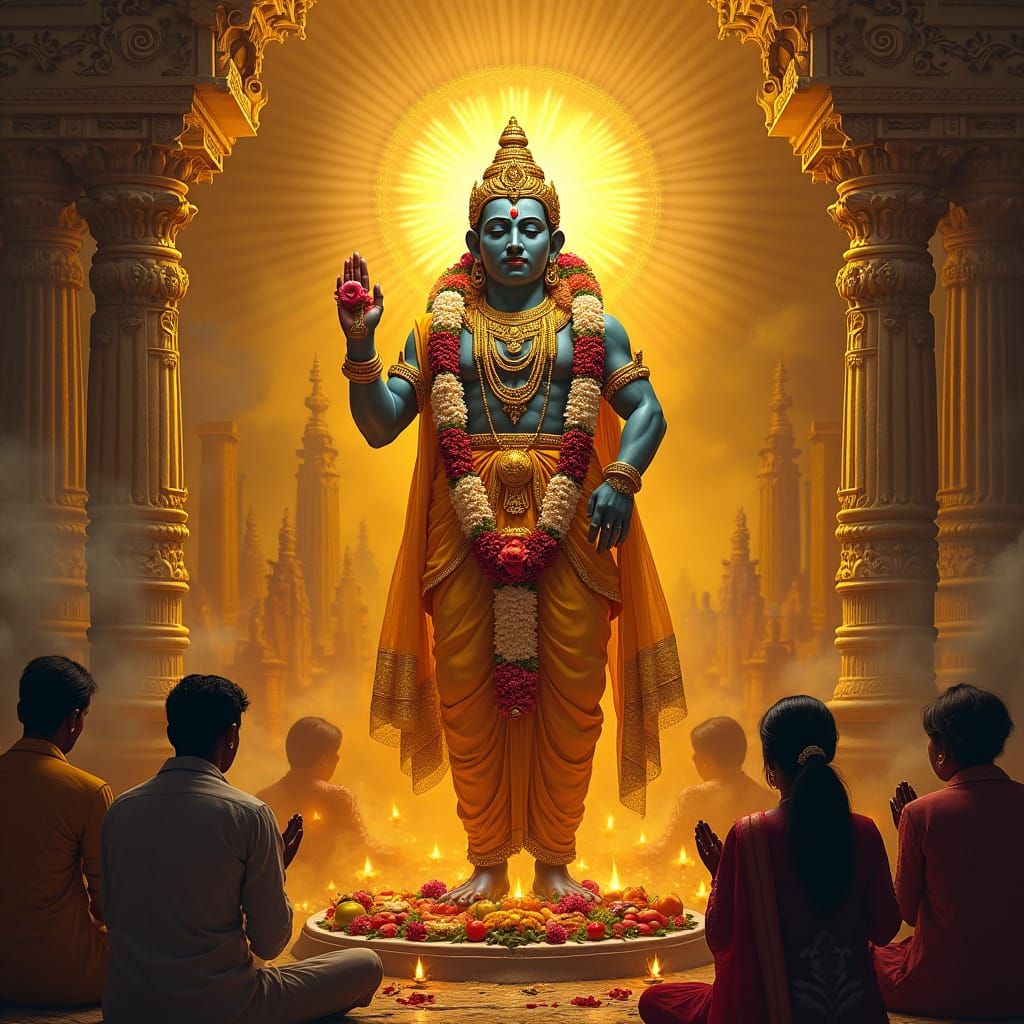 Lord Venkateswara in Traditional Attire, Amidst Vibrant Temp...