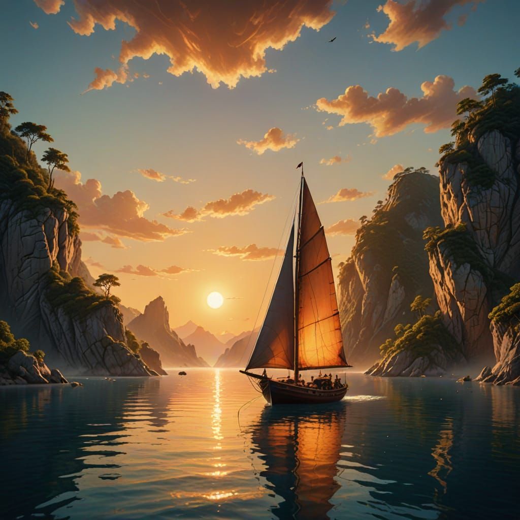 Sailboat Glides Across Tropical Sea at Golden Hour