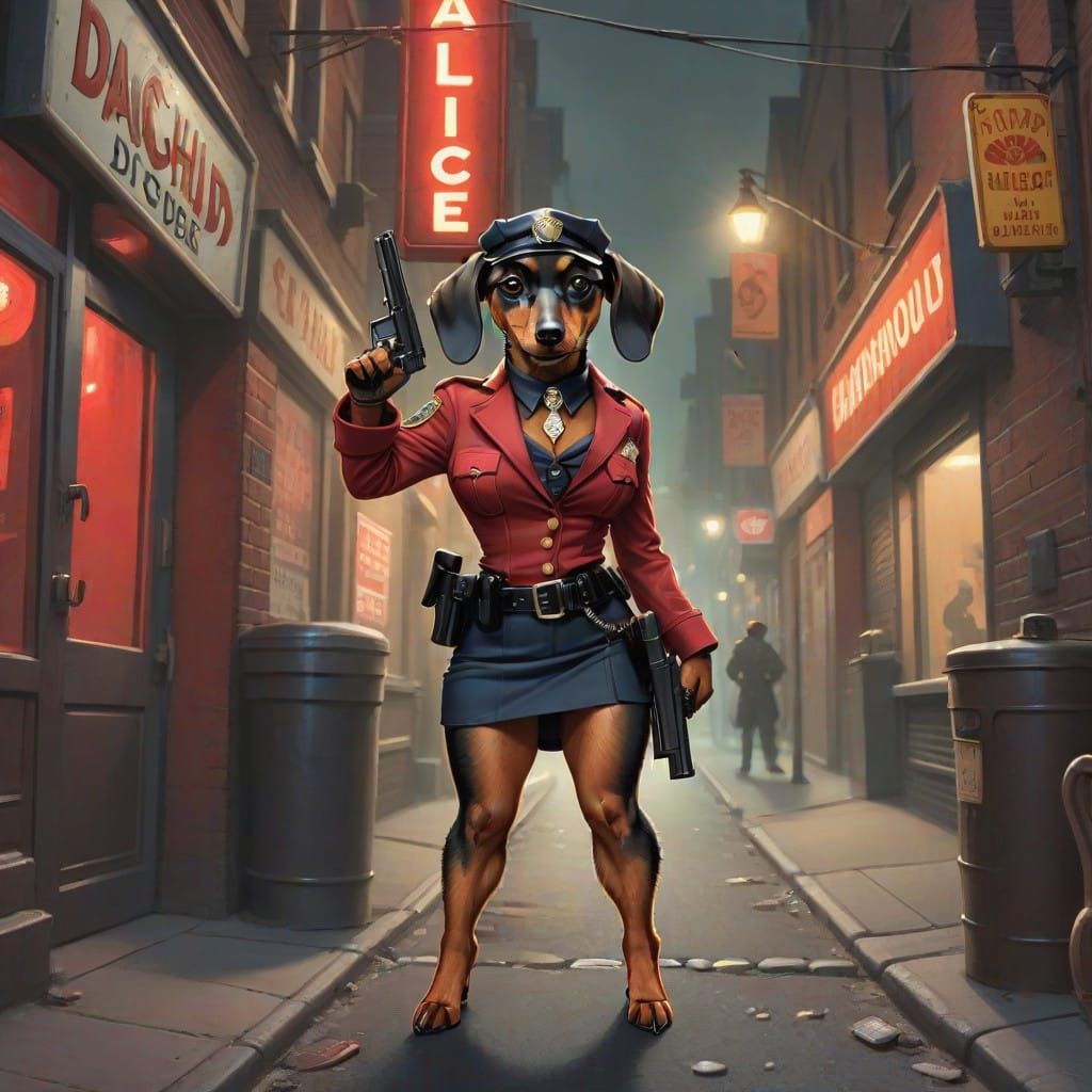 Cyberpunk Vice Cop Dachshund in Red Light District