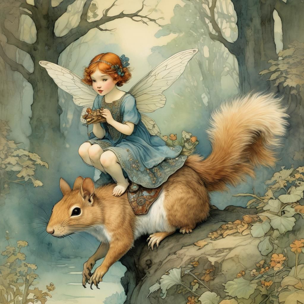 Whimsical Watercolor Fairy Rides a Fluffy Squirrel in Englis...