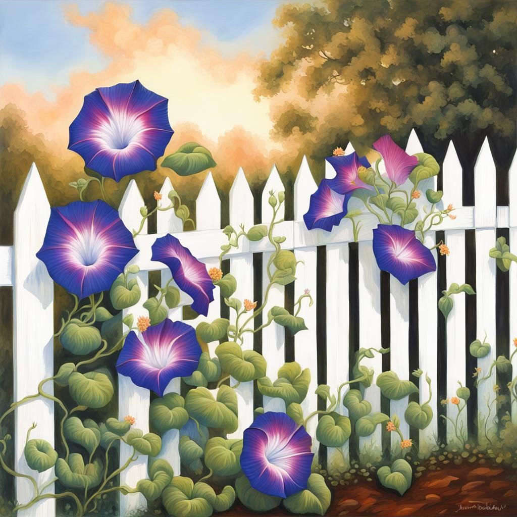 Morning Glories on White Fence: Oil and Watercolor