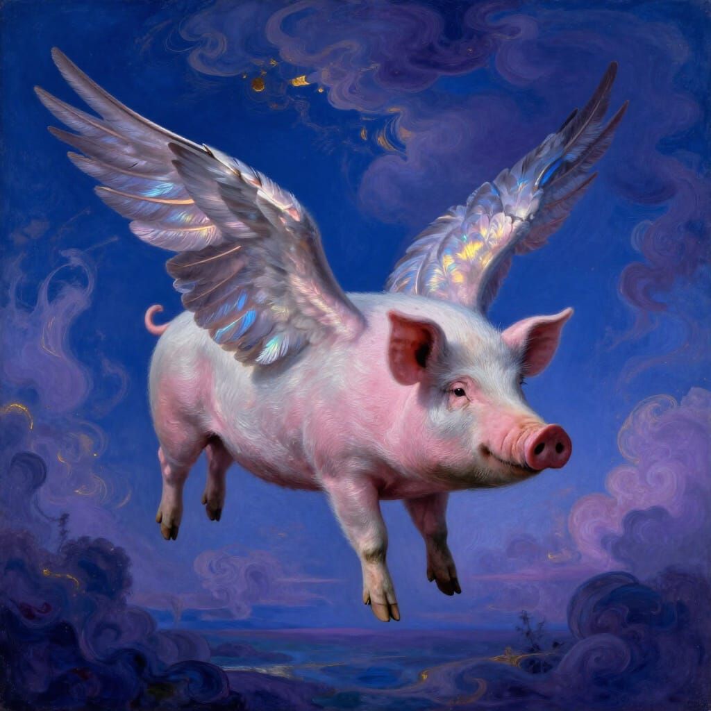 Surreal Pig with Wings in Blue Dreamscape