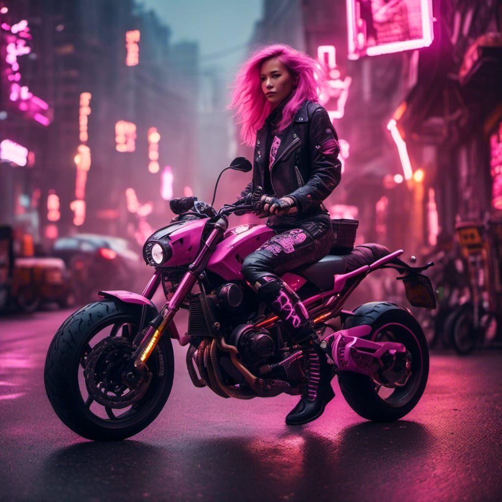 Cyberpunk Girl with Motorcycle in Neon City
