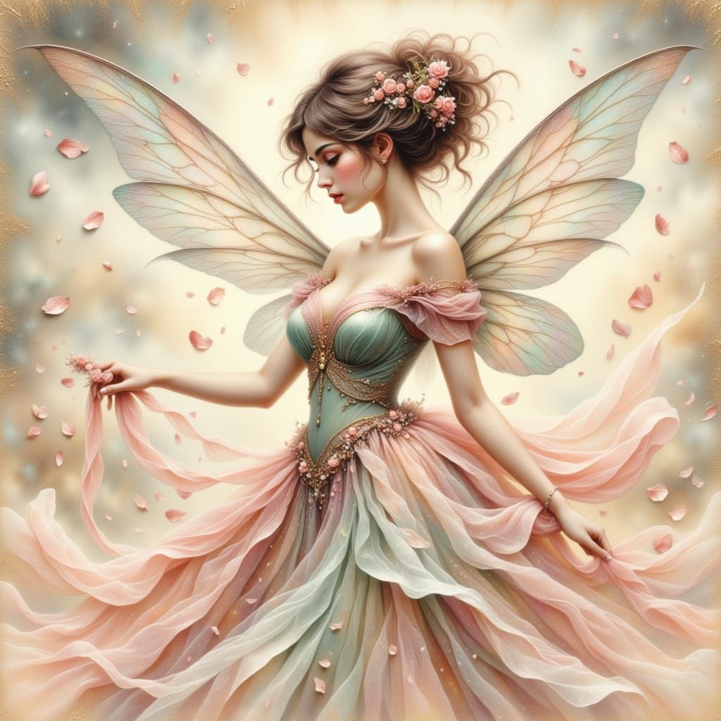Graceful Fairy with Pearlescent Wings in Pastel Dress