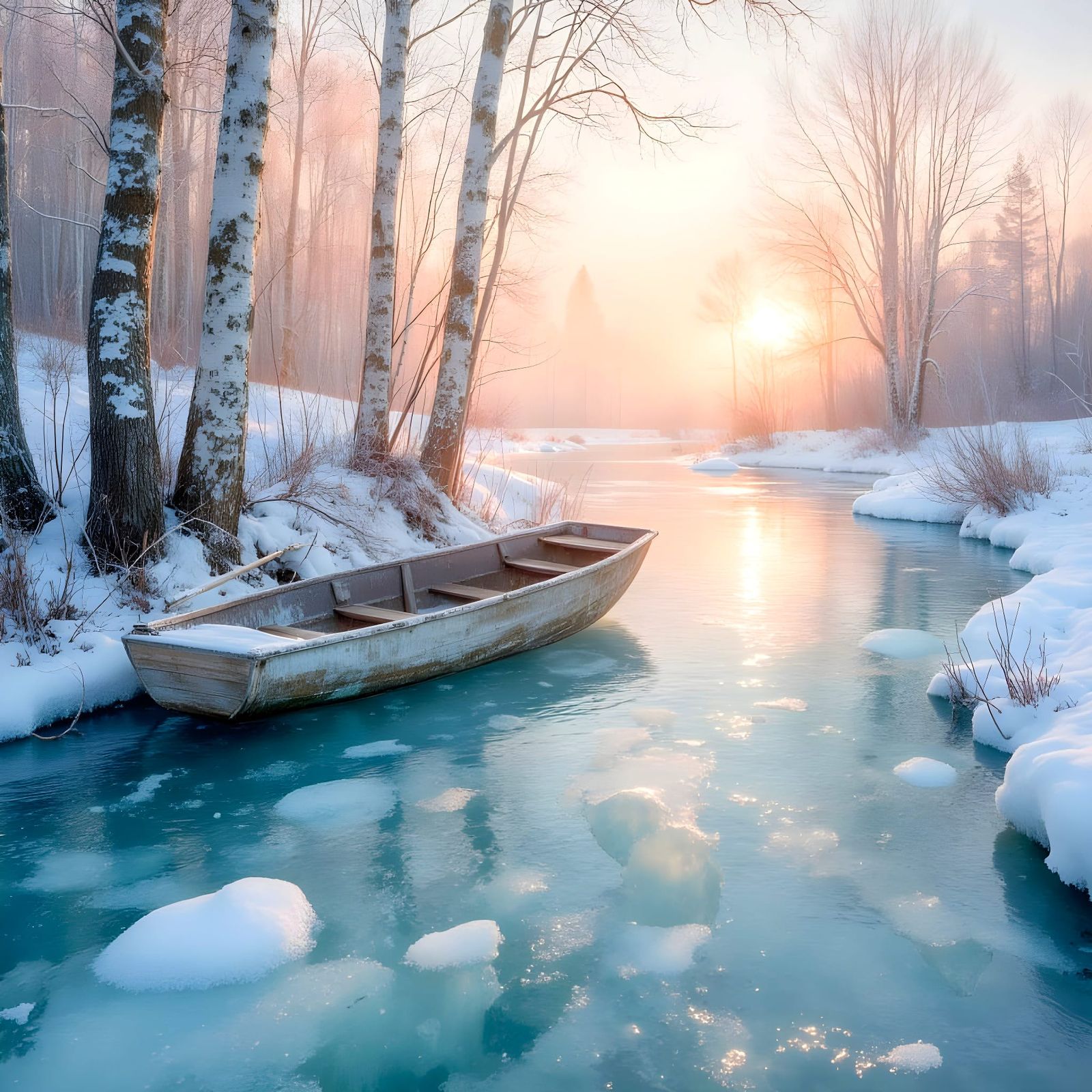 Frozen Lake Scene with Bridge in Winter