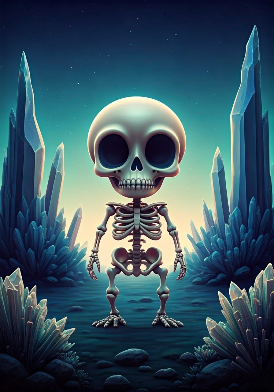 Iridescent Alien Skeleton in Crystalline Landscape