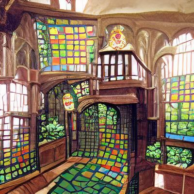 Stained Glass Court Trial in Castle: Gouache Painting