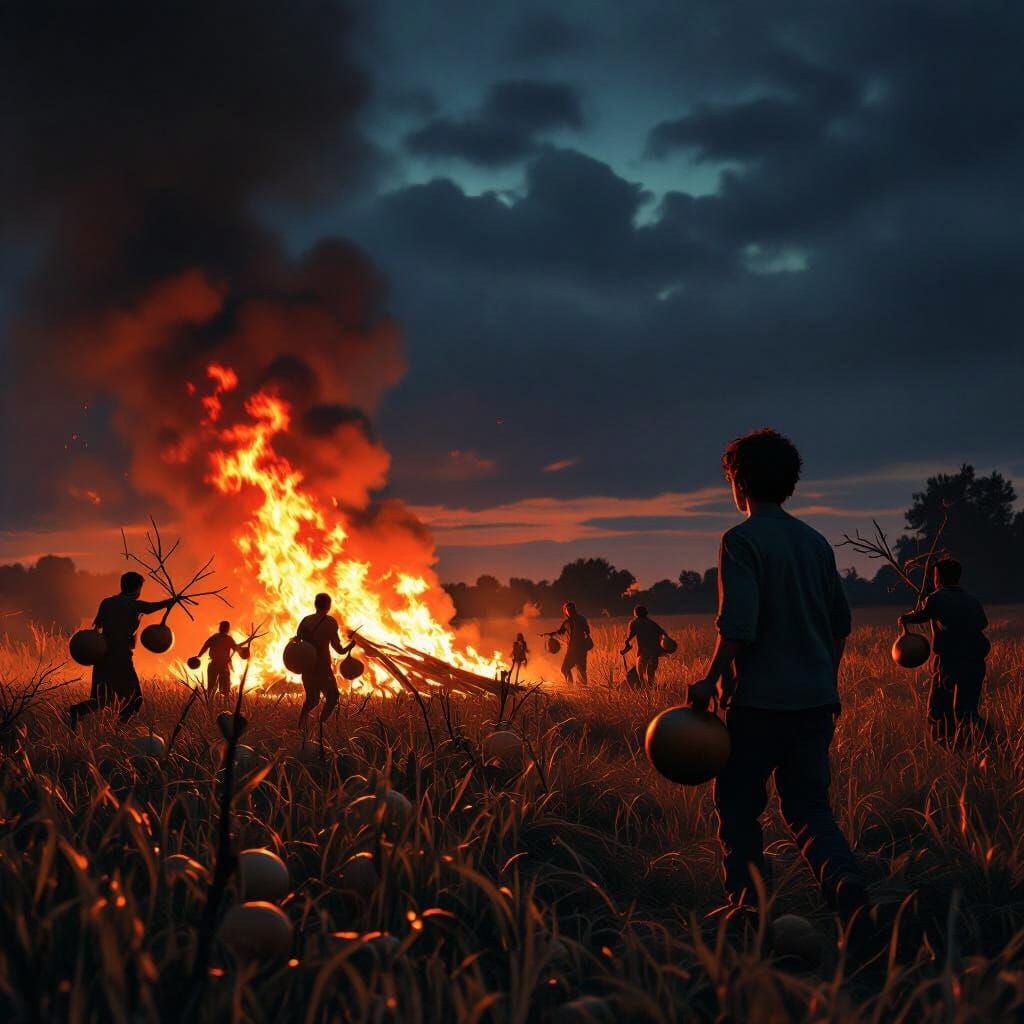 Dramatic Night Fire Scene: Villagers Battle Flames