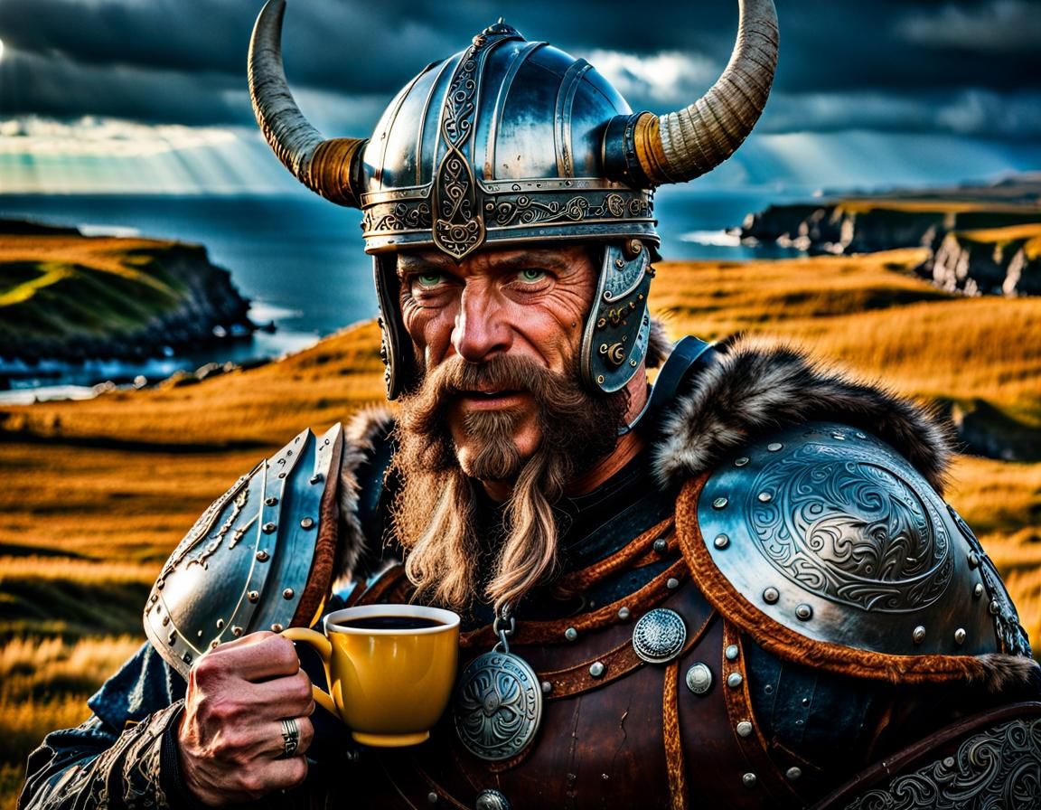 Viking Warrior Drinks Coffee: Masterpiece in Art Nouveau Sty...