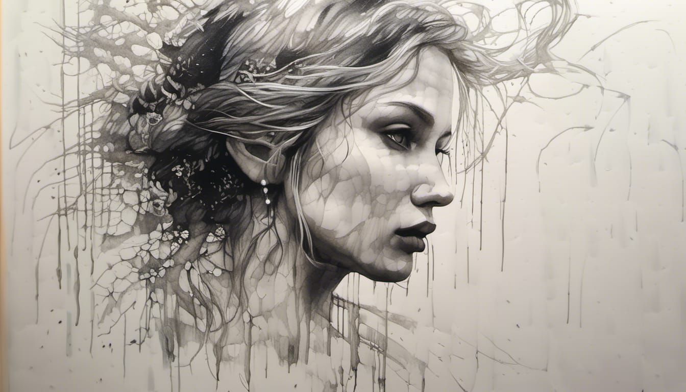 Ethereal Woman Portrait in Black and White Ink