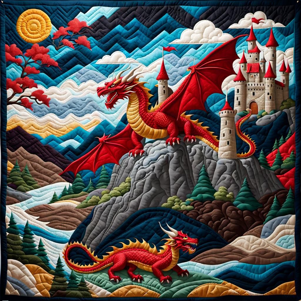Quilted Castle Landscape with Dragon in Sky