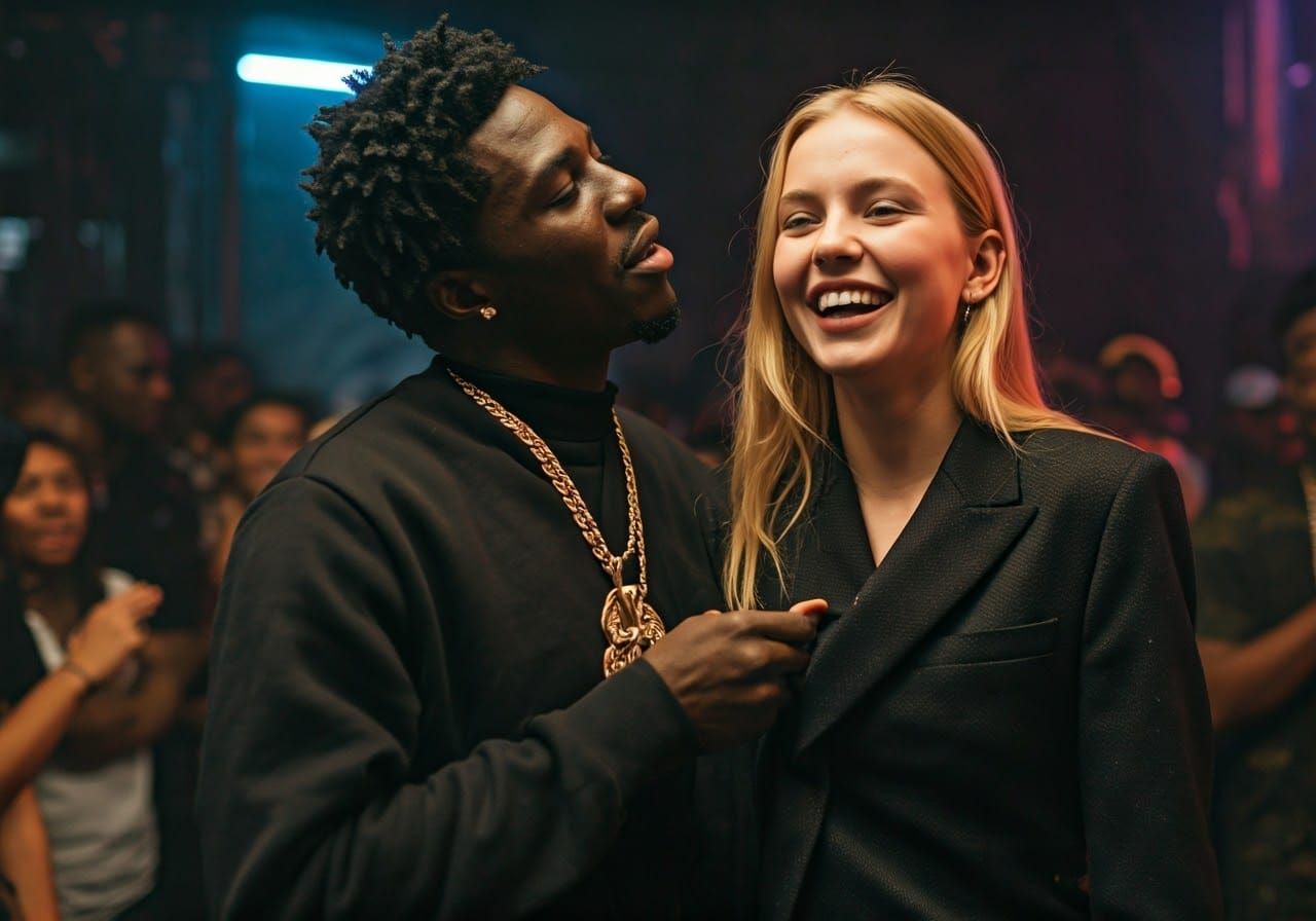 Passionate Embrace at Hip Hop Concert in Hyperrealist Style