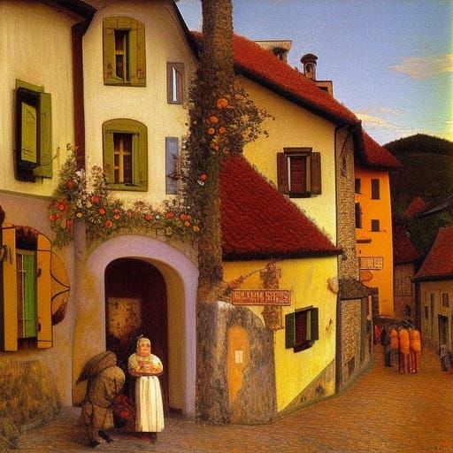 Austrian Village Scene in Klimt Style