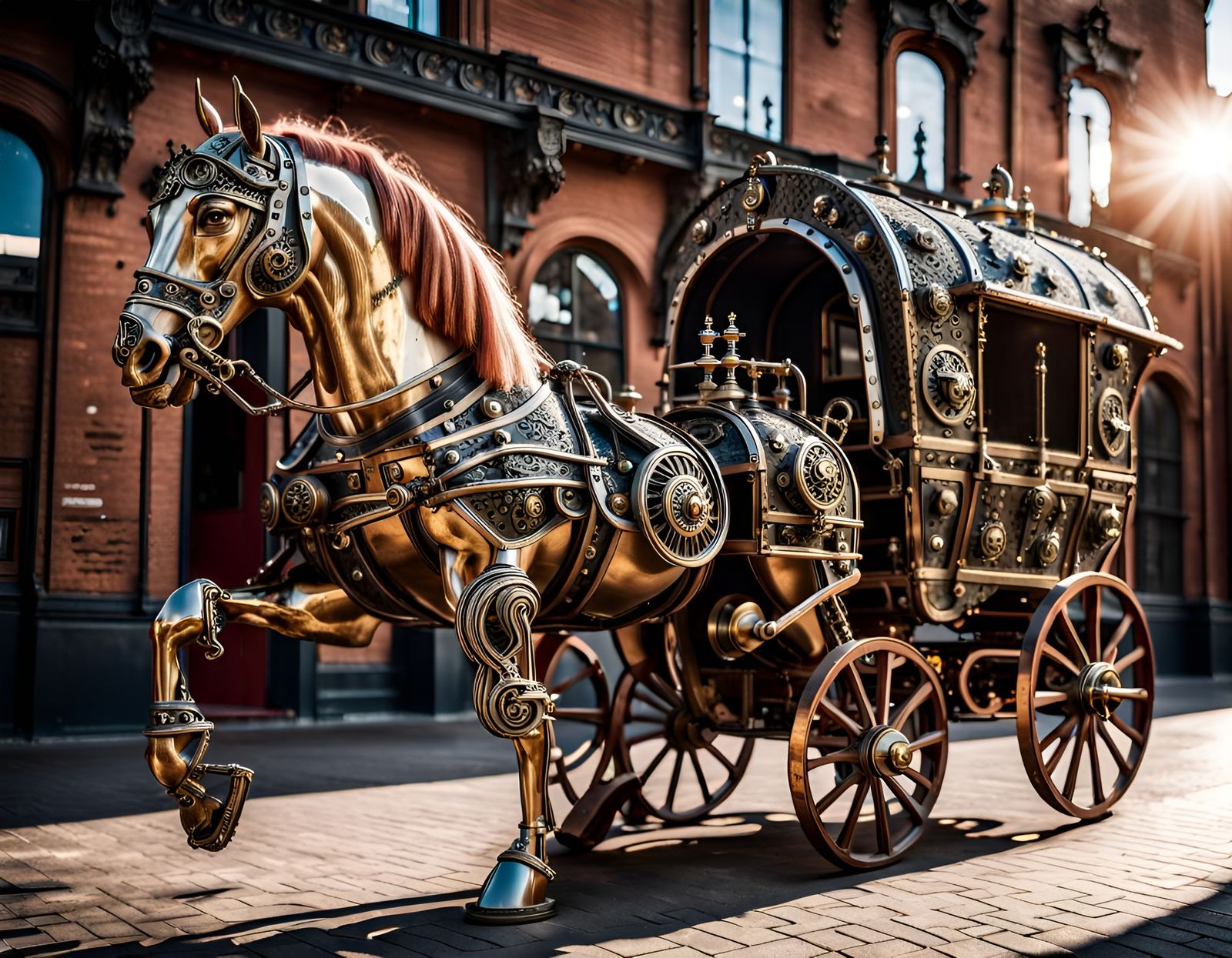 Steampunk Armored Horse and Wagon in Bronzework