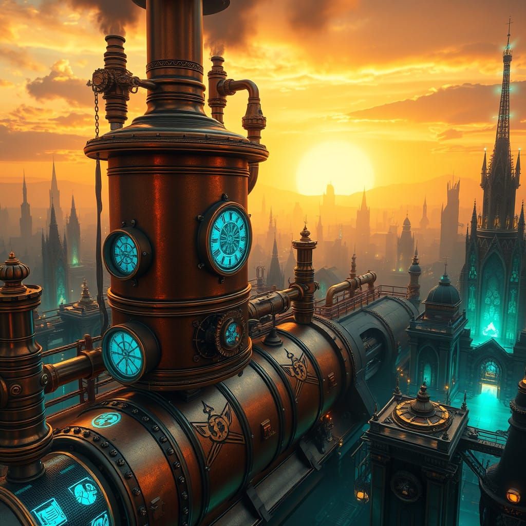 Ethereal Steam Metropolis Under Perpetual Sunset
