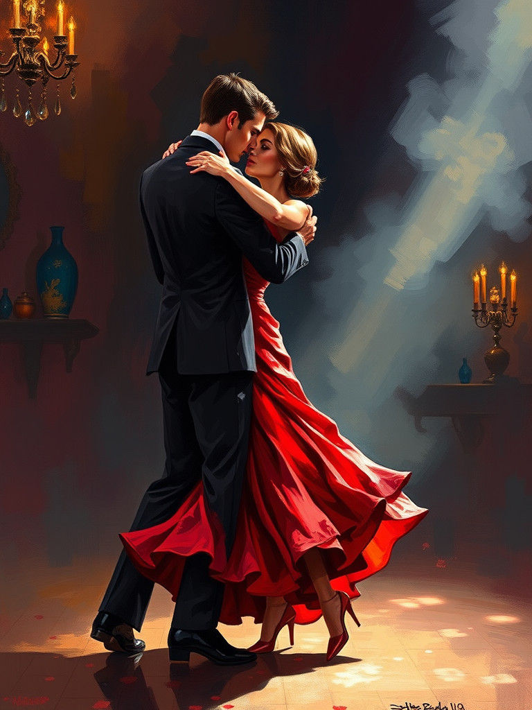 Passionate Tango Embrace in a Ballroom, Expressive Painting