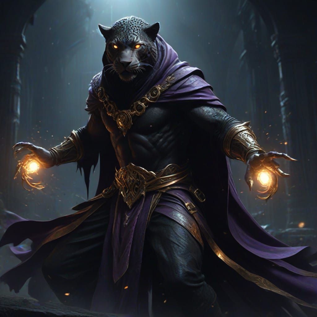 Large black humanoid Jaguar freerunning monk in black robes attacking from above with his claws.