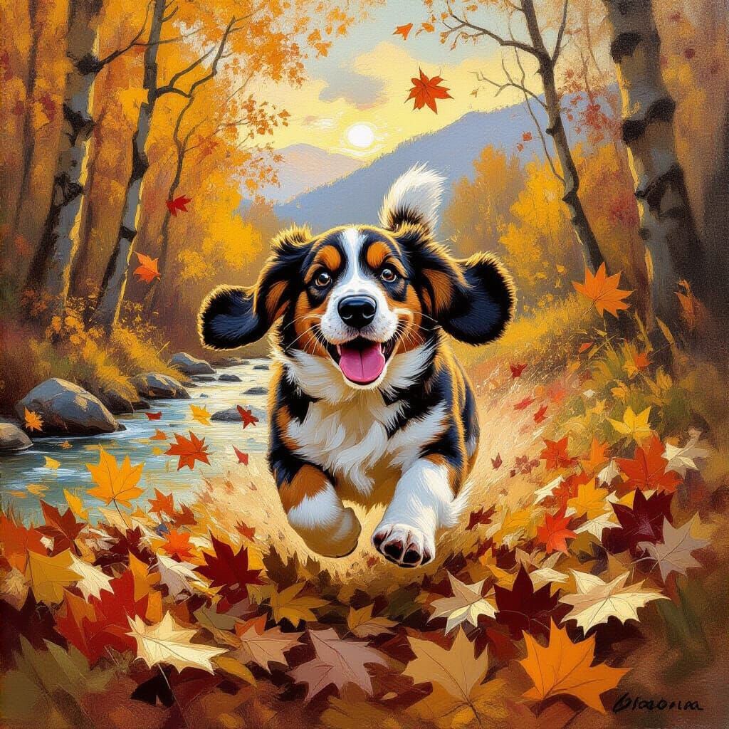 Fluffy Basset Hound Runs Through Autumn Leaves at Sunset