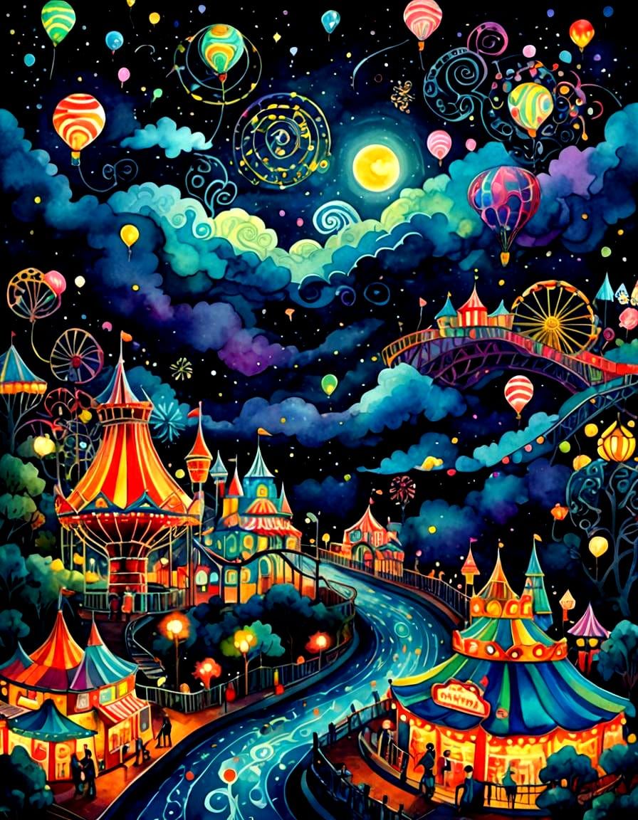 Night Amusement Park: Abstract Watercolor Illustration