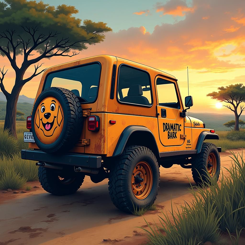 Vintage Jeep with Dog Cartoon in Savannah Landscape