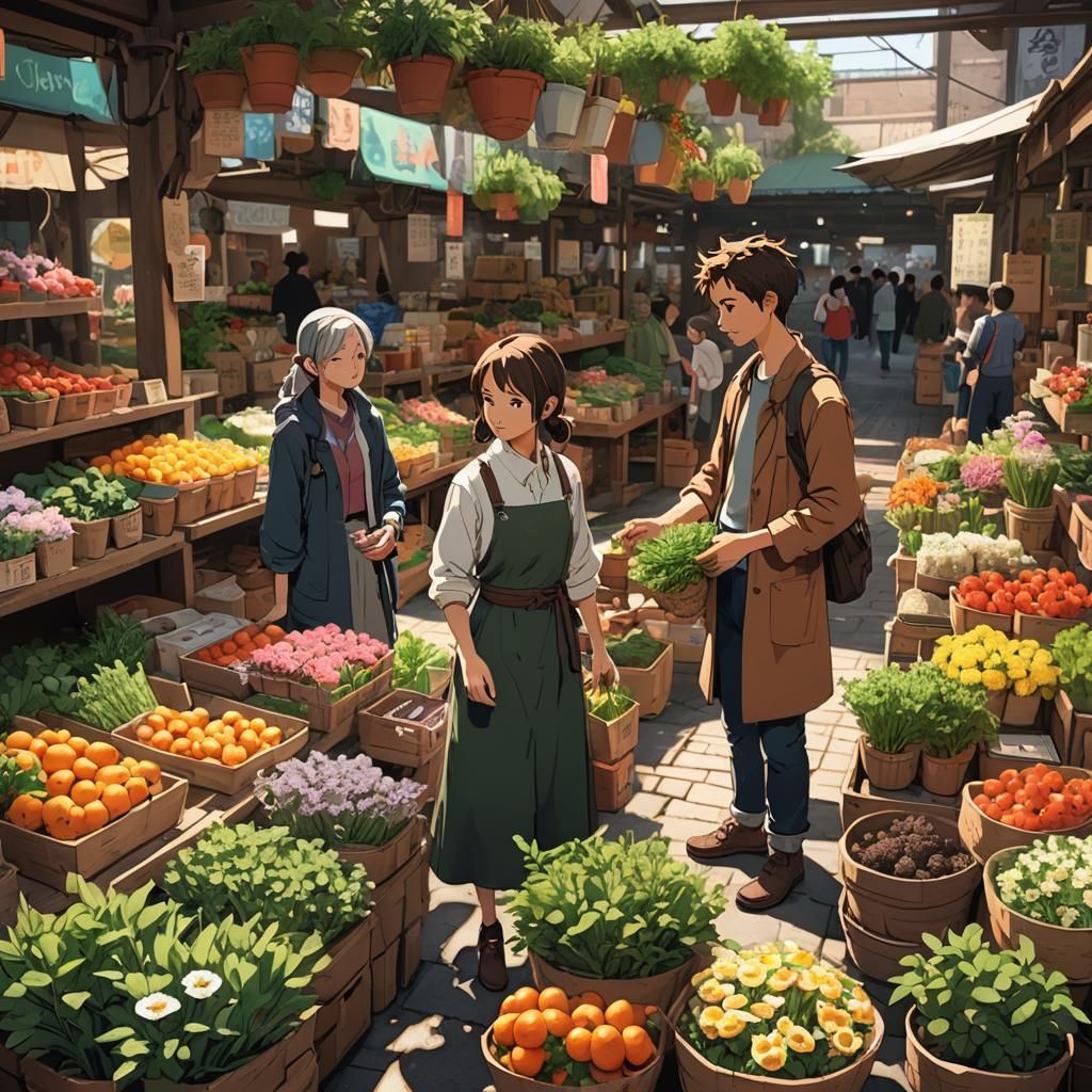 Gathering Herbs: Detailed 3D Anime Market Scene