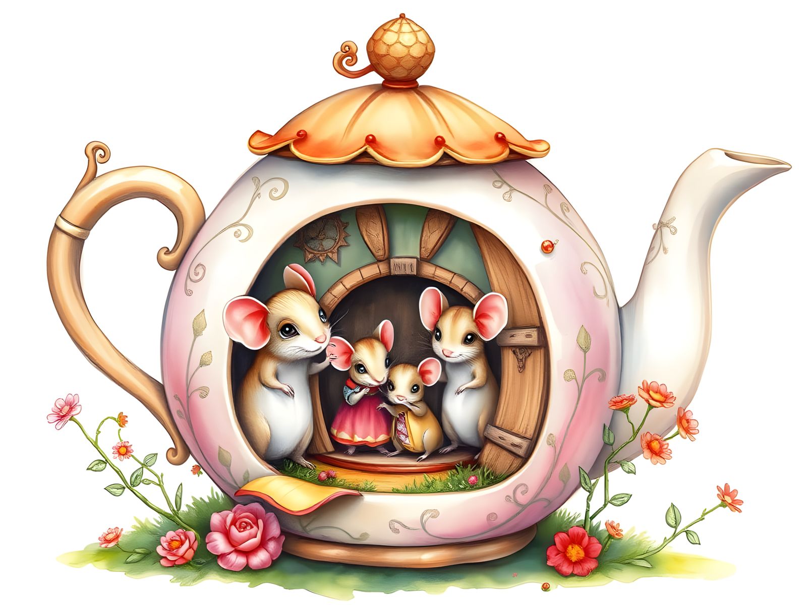 Mice Family's Teapot Home: Watercolor Fairytale Art