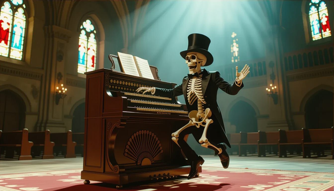 Joyous Skeleton Musician Plays Organ on Stage