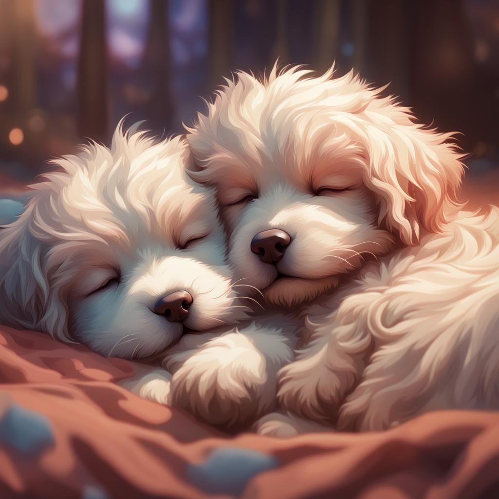 Adorable Fluffy Puppies Sleeping: Hyperdetailed Portrait