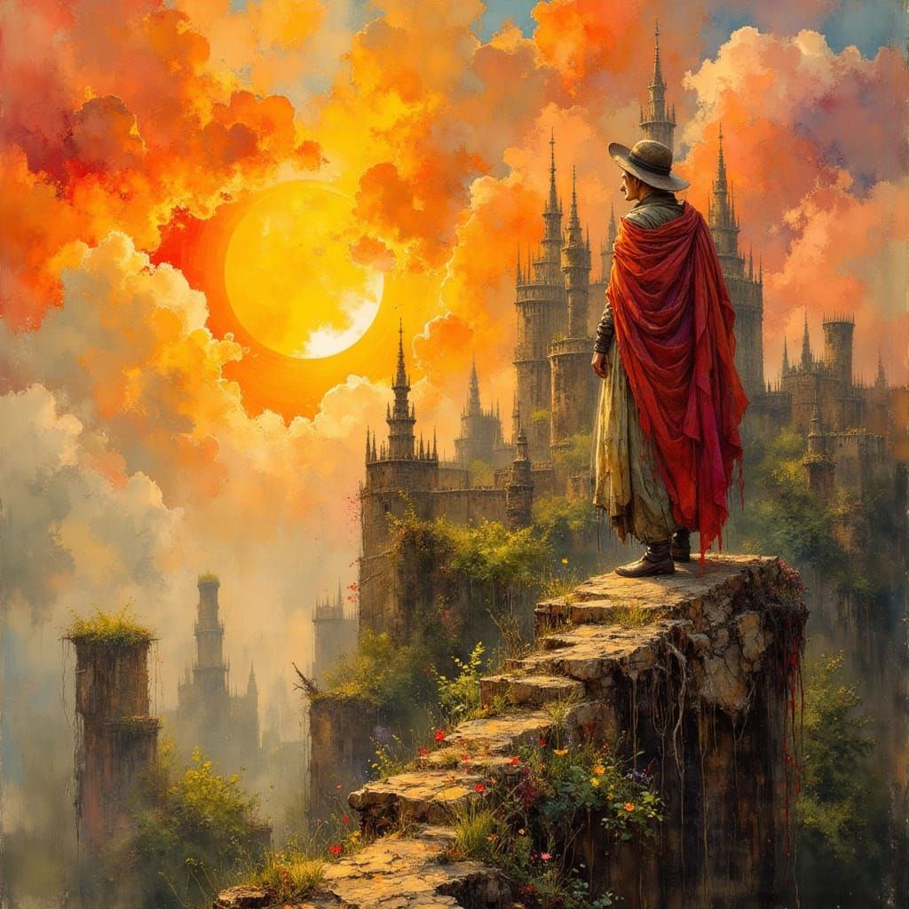 Neo-Gothic Watchman in Sunset Dreamscape with Floating Islan...