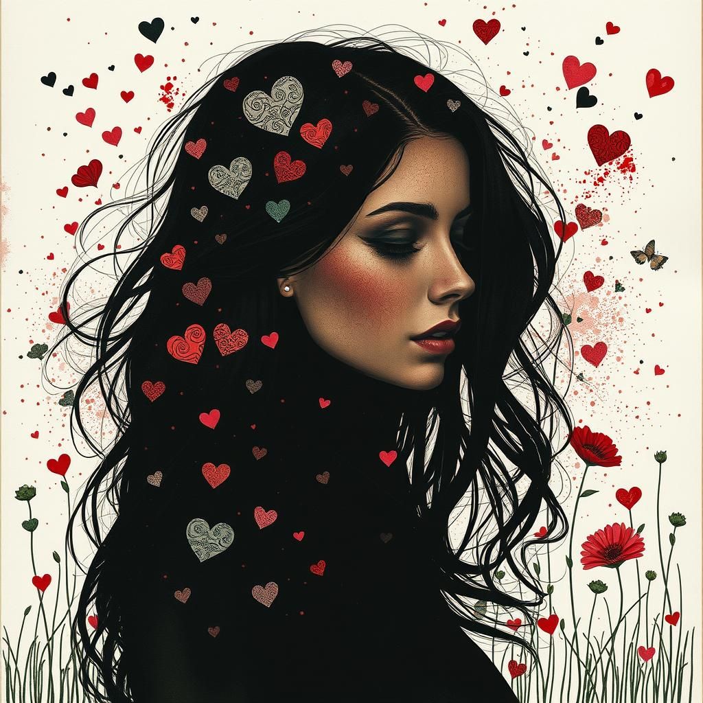 Brunette Silhouette with Zentangle Hair in Valentine's Scene