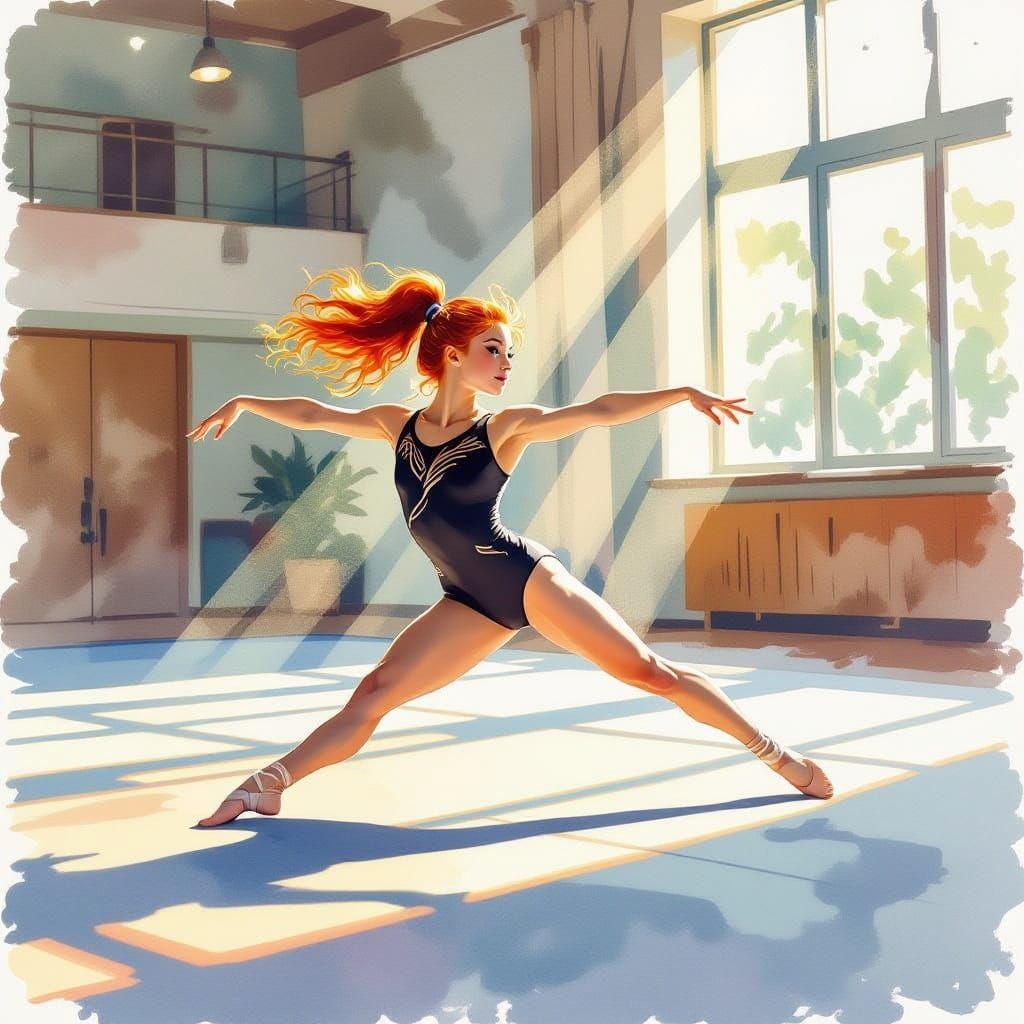 Gymnast in Art Nouveau-Inspired Watercolor