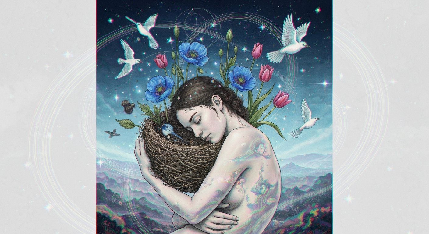 Surreal Woman Nestled in Cosmic, Glitch Art Landscape