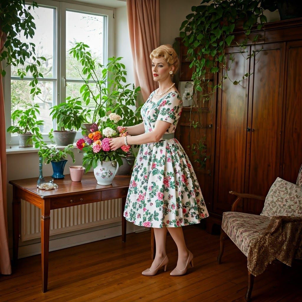 1950s Housewife in Heels Creates Delicate Floral Arrangement