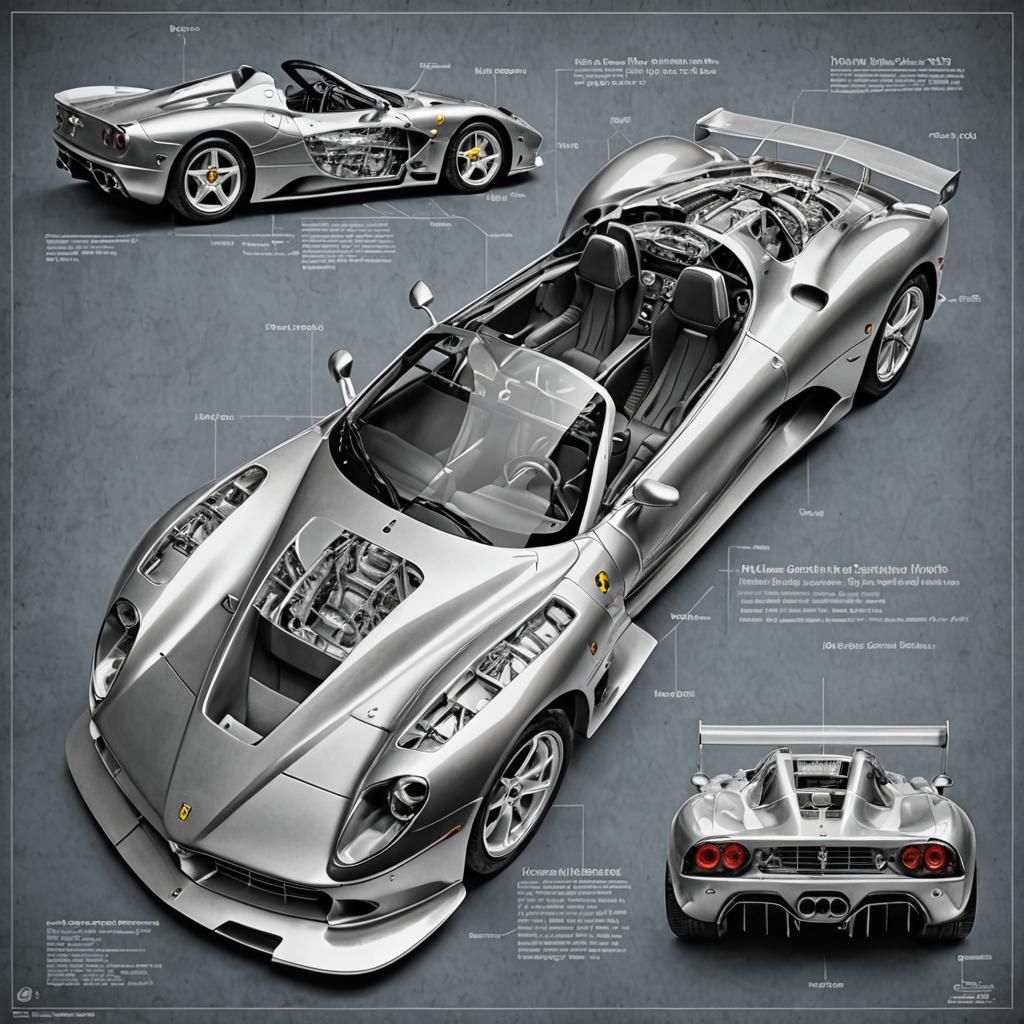 Produce a detailed technical illustration of a ferrari 550 maranello, showcasing a cutaway design that reveals its inter...