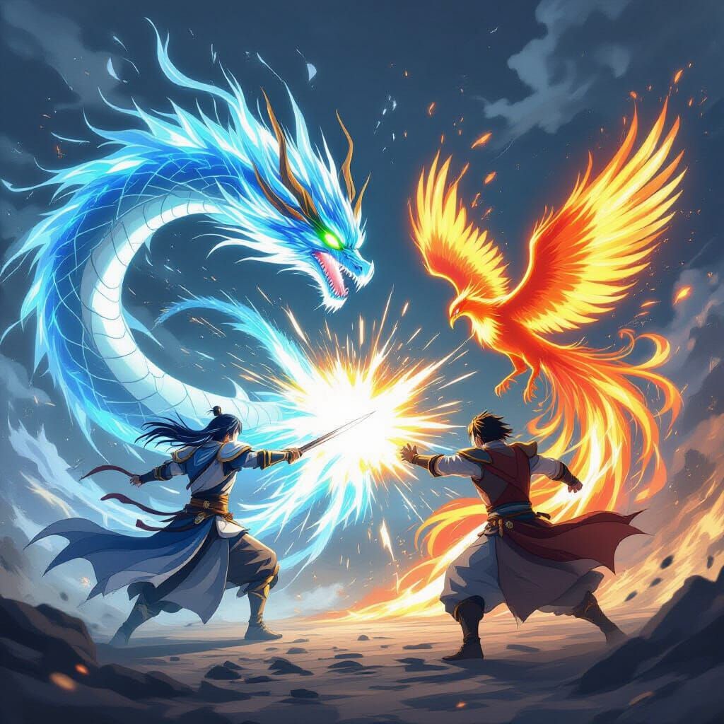 Anime Warrior Summons Energy Dragon Against Fiery Phoenix