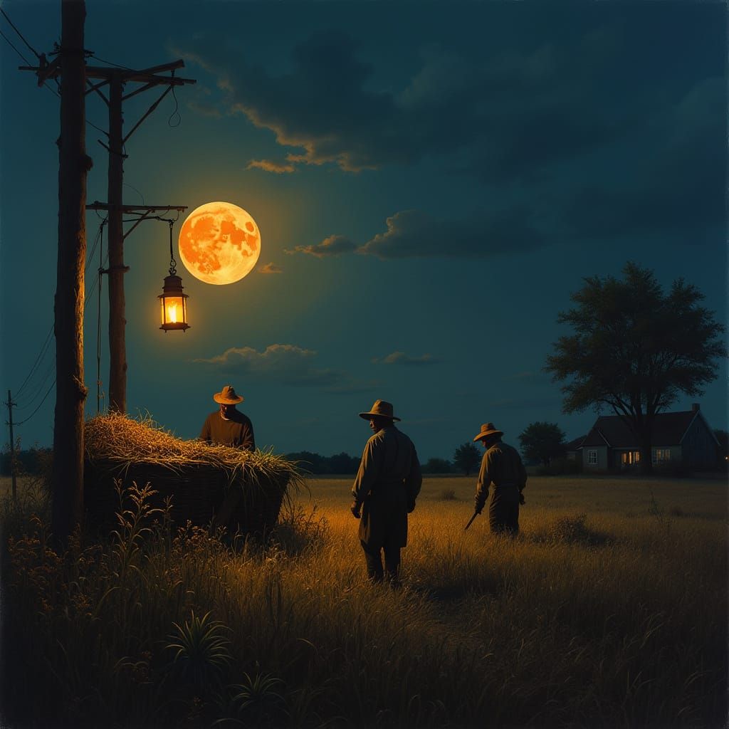 Moonlit Harvest Scene in Photorealistic Oil Painting Style