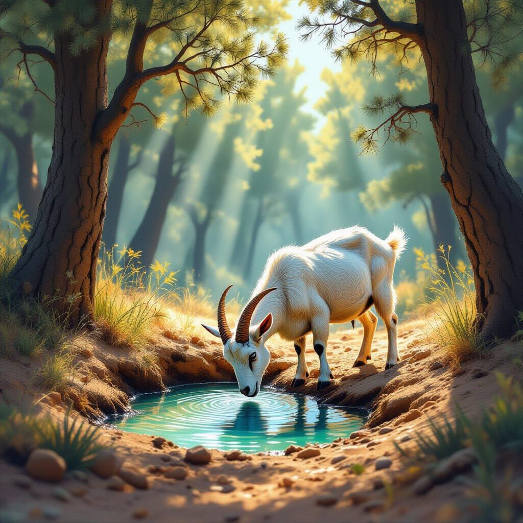 Goat Drinks in Mediterranean Forest, Hyperrealistic Style