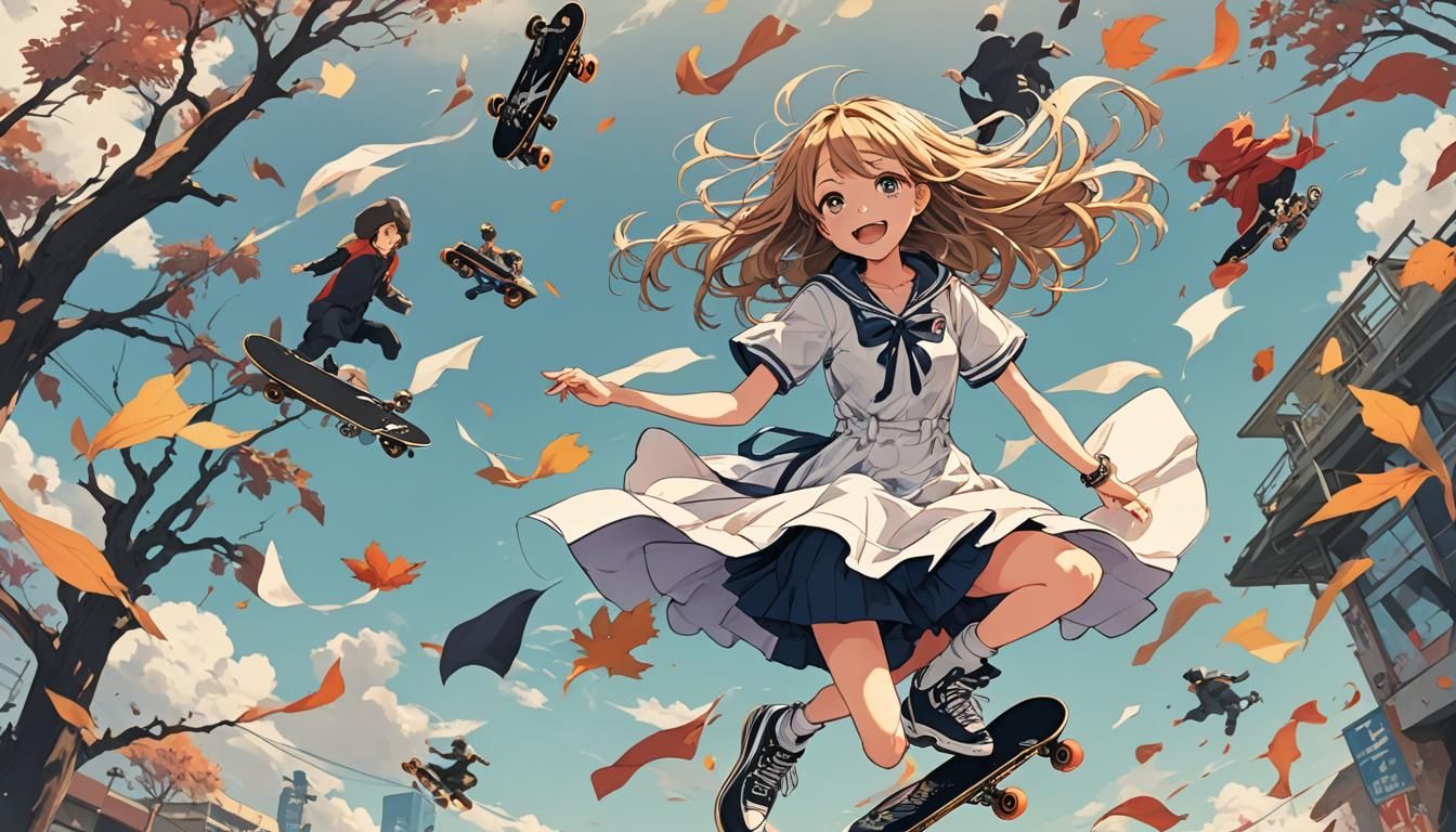 Anime Girl in Wind with Skate Culture Elements
