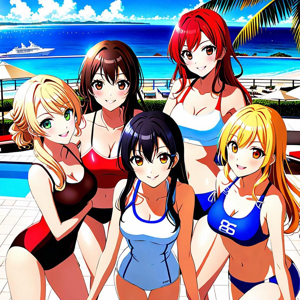 Anime Girls at Okinawa Resort in Manga Style