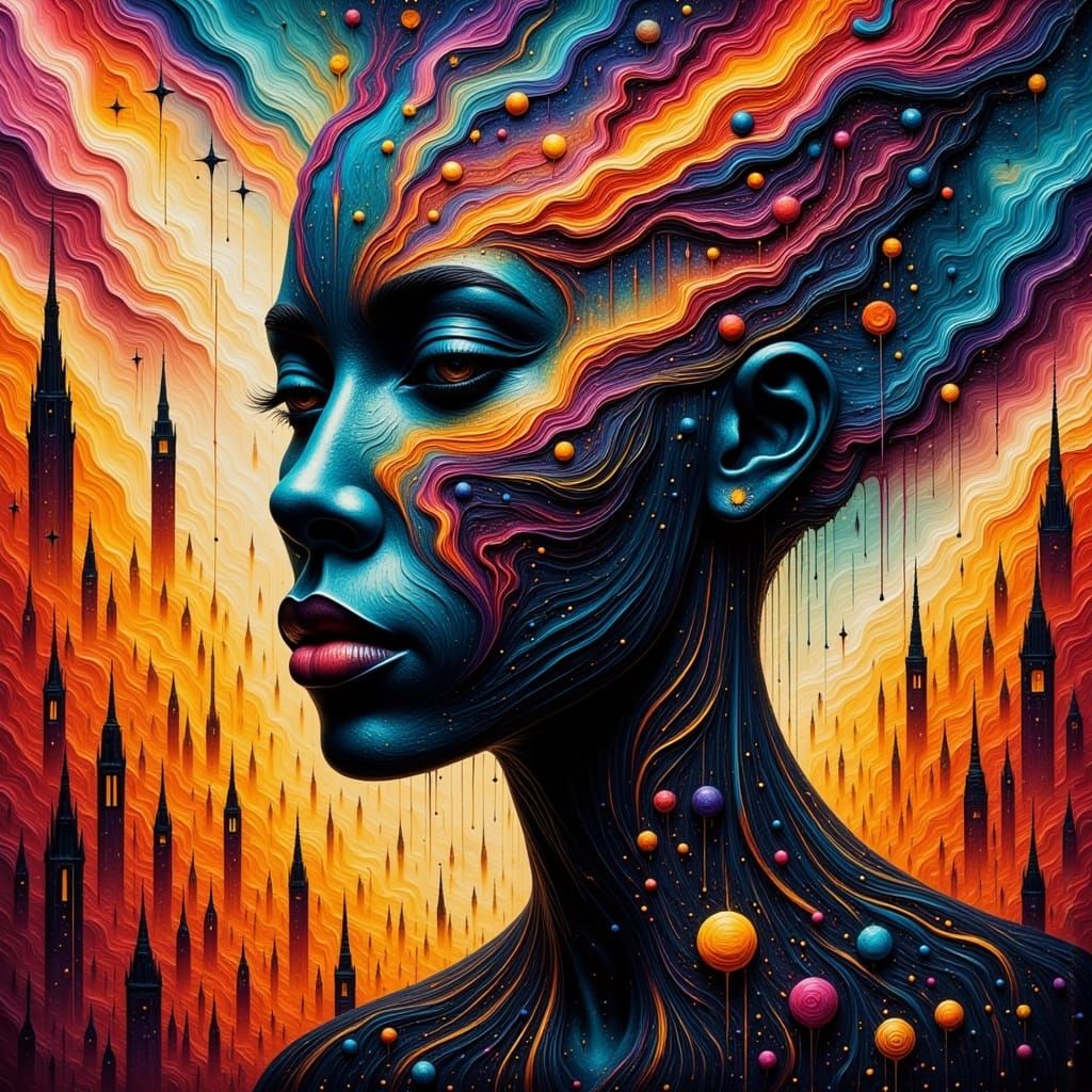 <lora:TexturedFlux:1.0> <lora:Abstract Reality:1.0> Layered multimedia portrait, Cosmic Afrofuturistic Priestess, Fluidi...