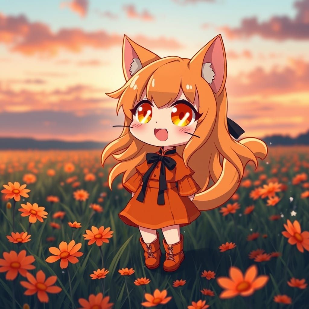 Cute Anime Catgirl in Vibrant Orange Attire