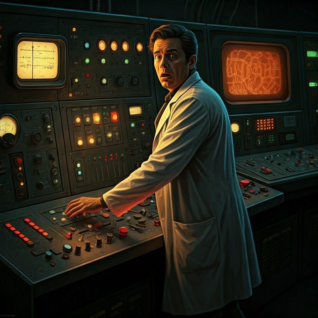 Do Not Push: Anxious Lab Tech and Red Button